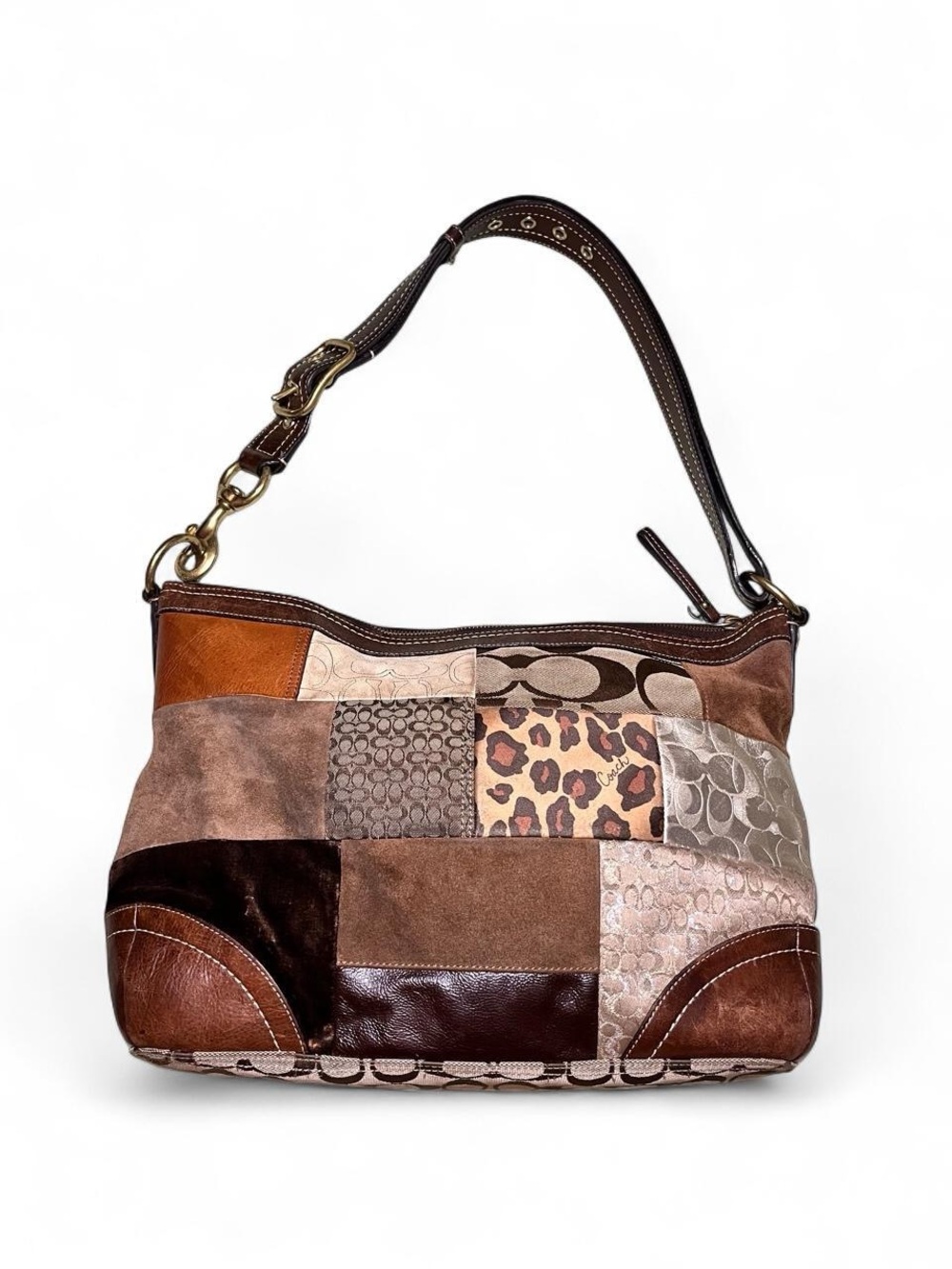Vintage coach Patchwork Leather & Suede Shoulder Bag in Brown